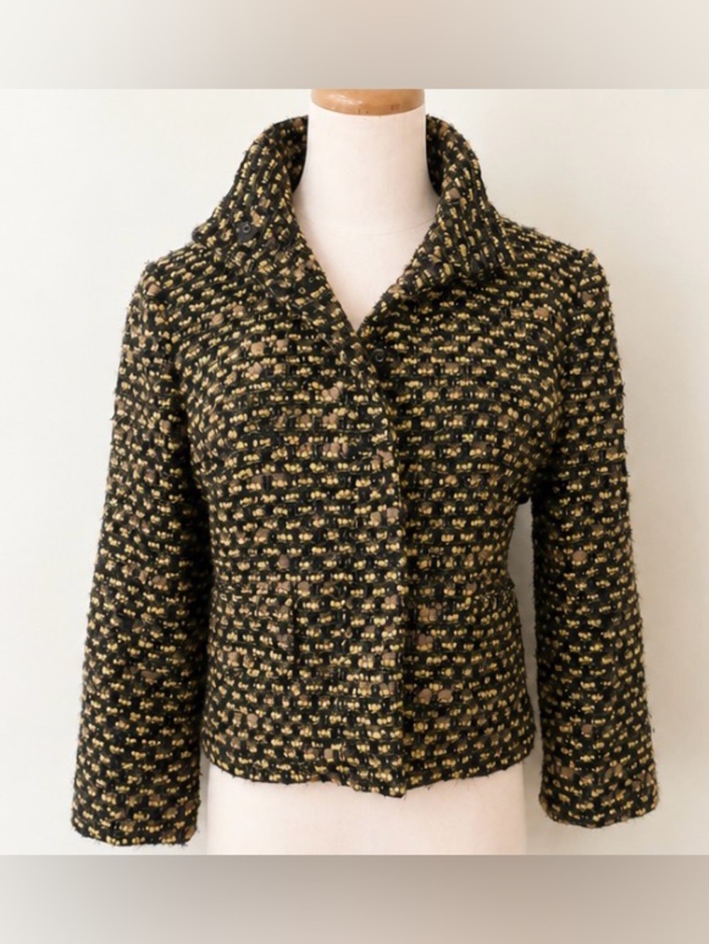 [Eccoci] Brown Green Wool Blend Tweed Cropped Jacket Blazer Size 4